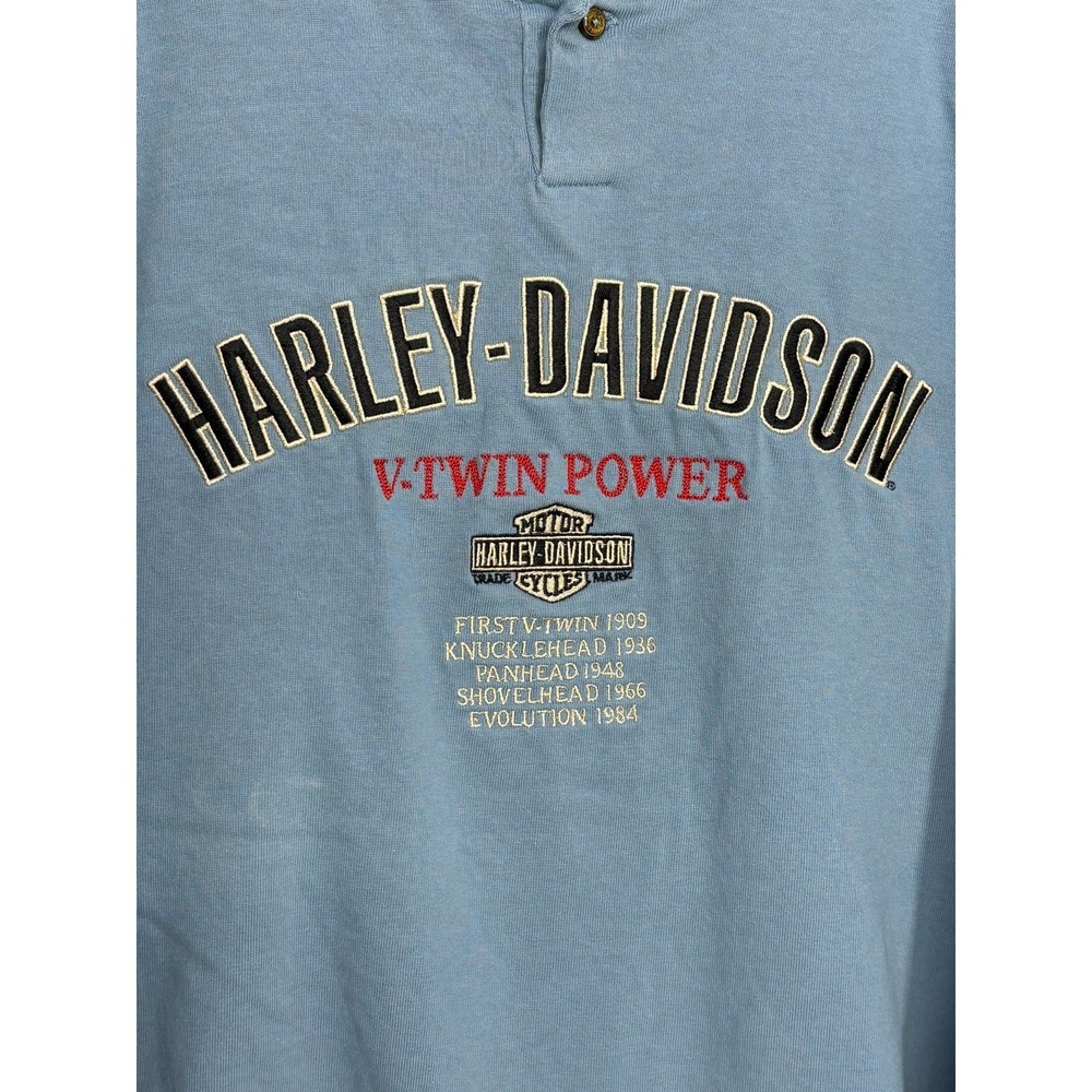 Harley-Davidson V-Twin Power Henley Shirt Mens Blue Embroidered XL Vintage 90s